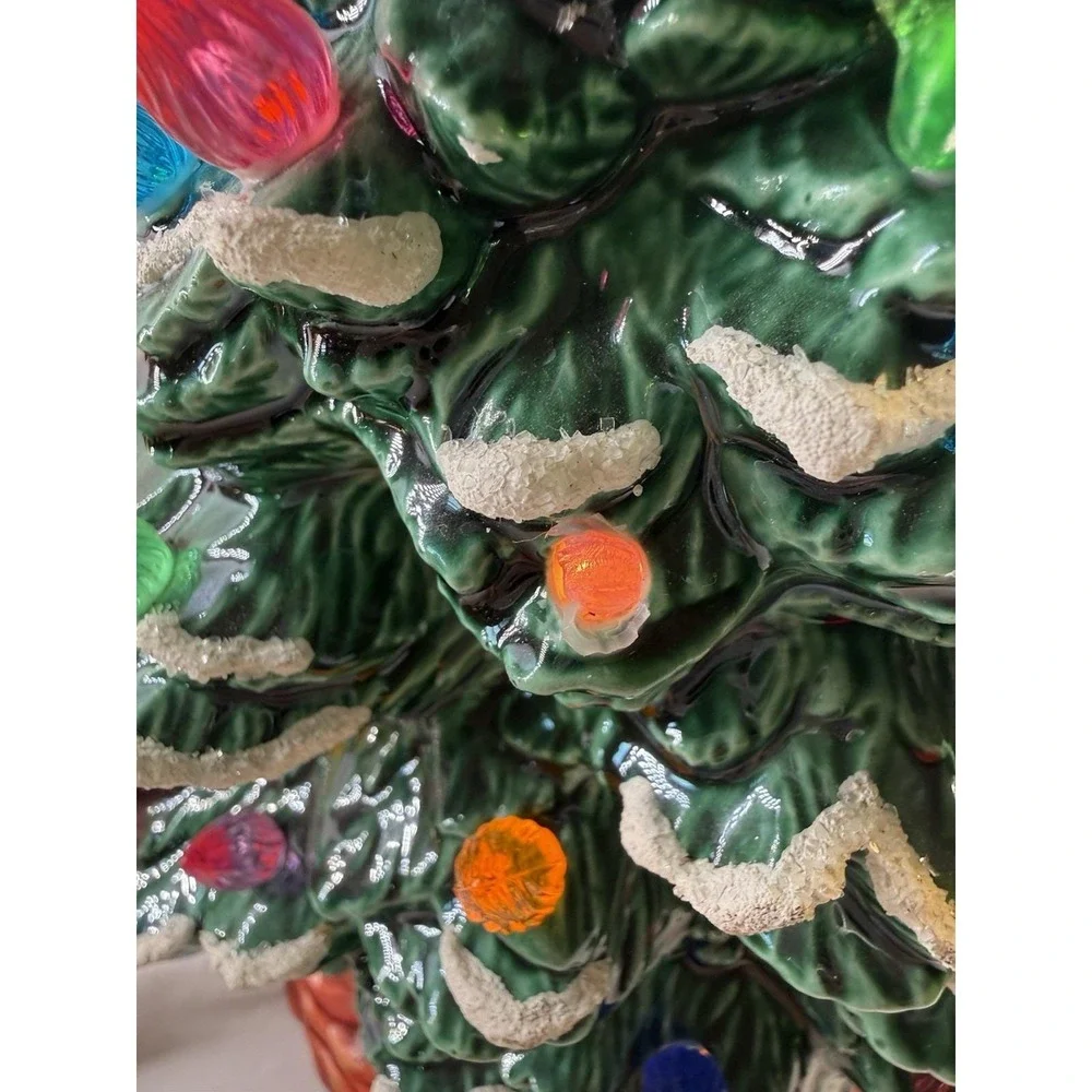 Vintage 1987 Lighted Ceramic Christmas Tree Snow Flocked Multi Color Bird Bulbs